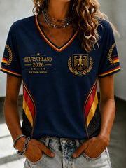 Women's Deutschland Football Fan Printed V-neck T-shirt