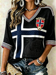 Women's Norway Football Viking Ship Celtic Flag Colorblock Print Mid-length Sleeves V-Neck T-Shirt