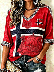 Women's Norway Viking Ship & Vegvisir Celtic Knot Flag Print Mid-length Sleeves V-Neck T-Shirt