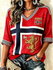 Women's Norway Lion Viking Celtic Knot Flag Print Mid-length Sleeves V-Neck T-Shirt
