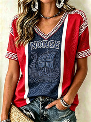 Women's Norway Viking Ship Celtic Knot Flag Colorblock Print short-sleeved T-shirt