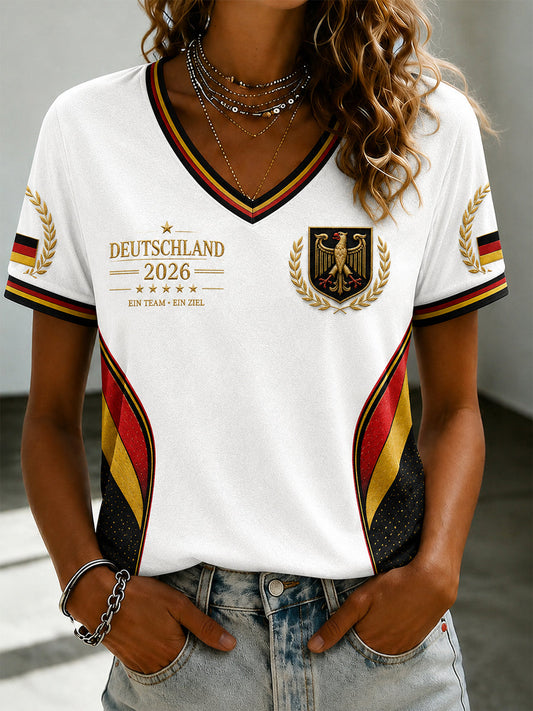 Women's Deutschland Football Fan Printed V-neck T-shirt