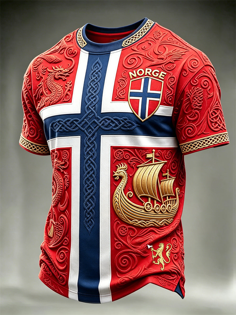 Men's Norway Football Viking Ship & Dragons Celtic Flag Colorblock Print short sleeves t-shirt