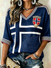 Women's Norway Football Viking Ship Celtic Flag Colorblock Print Mid-length Sleeves V-Neck T-Shirt