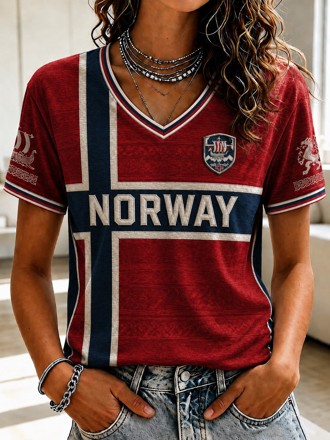 Women's Norway Football Printed V-neck T-shirt