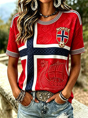 Women's Norway Football Viking Ship Celtic Flag Colorblock Print short-sleeved T-shirt