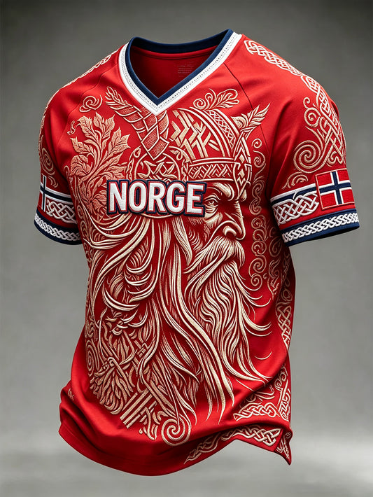 Men's Retro Norwegian Viking Pattern Printed  V-neck T-shirt