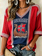Women's Norway Viking Ship Celtic Knot Flag Print Mid-length Sleeves V-Neck T-Shirt