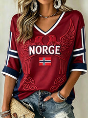 Women's Retro Norwegian Viking Pattern Printed Mid-length Sleeves V-Neck T-Shirt