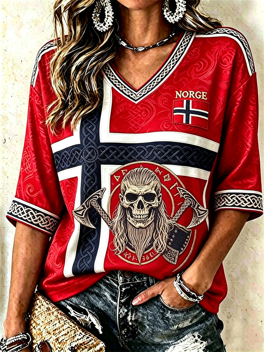 Women's Norway Viking Skull Celtic Knot Flag Print Mid-length Sleeves V-Neck T-Shirt