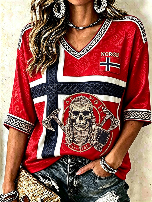 Women's Norway Viking Skull Celtic Knot Flag Print Mid-length Sleeves V-Neck T-Shirt