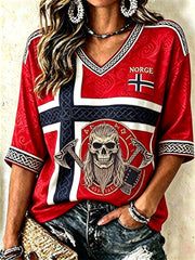 Women's Norway Viking Skull Celtic Knot Flag Print Mid-length Sleeves V-Neck T-Shirt