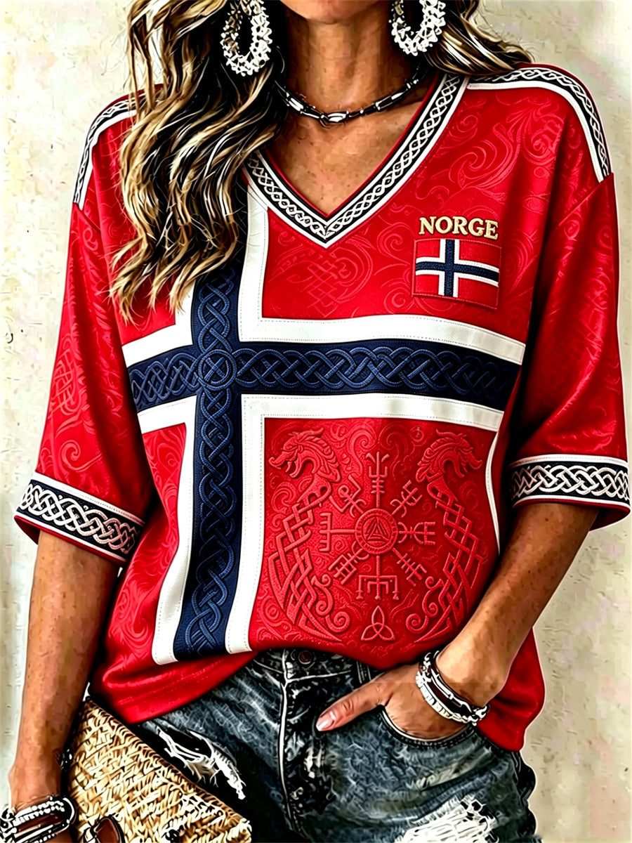 Women's Norway Viking Vegvisir Celtic Knot Flag Print Mid-length Sleeves V-Neck T-Shirt