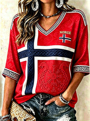 Women's Norway Viking Vegvisir Celtic Knot Flag Print Mid-length Sleeves V-Neck T-Shirt