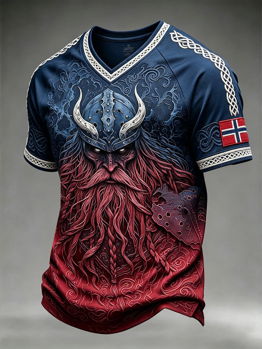 Men's Retro Norwegian Viking Pattern Printed  V-neck T-shirt