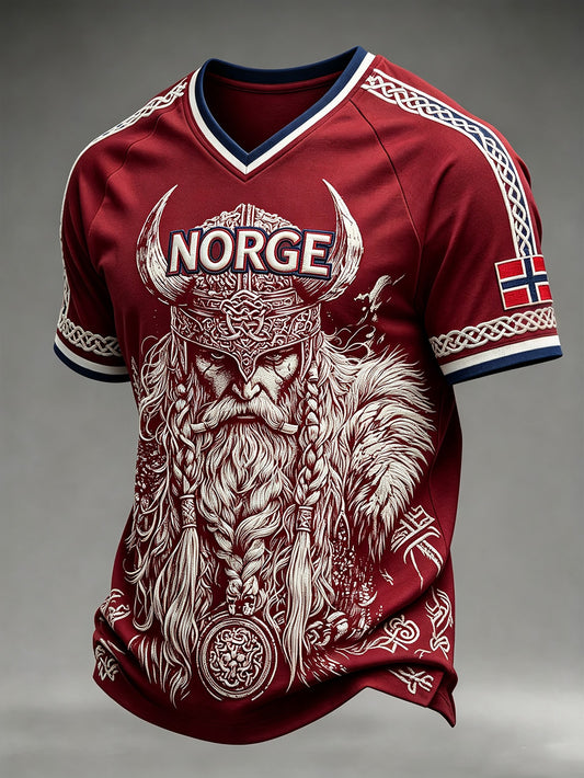 Men's Retro Norwegian Viking Pattern Printed  V-neck T-shirt