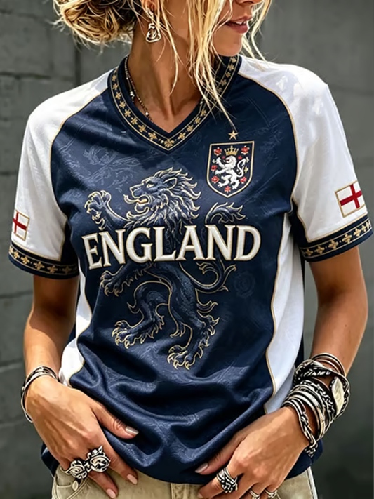 Women's England Printed V-neck off-shoulder short-sleeved T-shirt