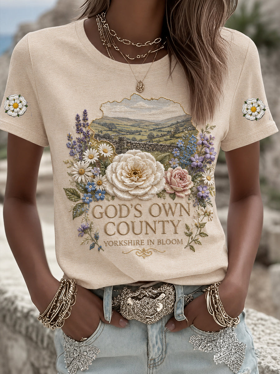 Women's England Yorkshire Day White Roses Art Printed T-shirt