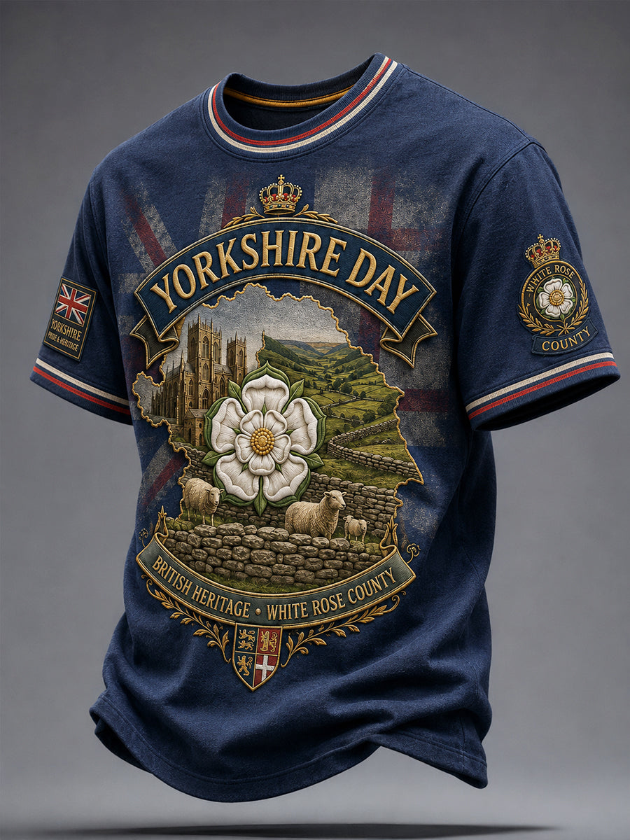 Men's England Yorkshire Day White Roses Art Printed T-shirt