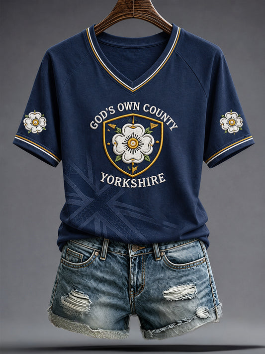 Women's England Yorkshire Day White Roses Art Printed T-shirt