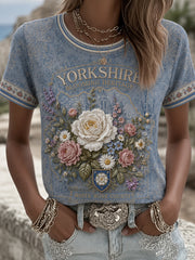Women's England Yorkshire Day White Roses Art Printed T-shirt