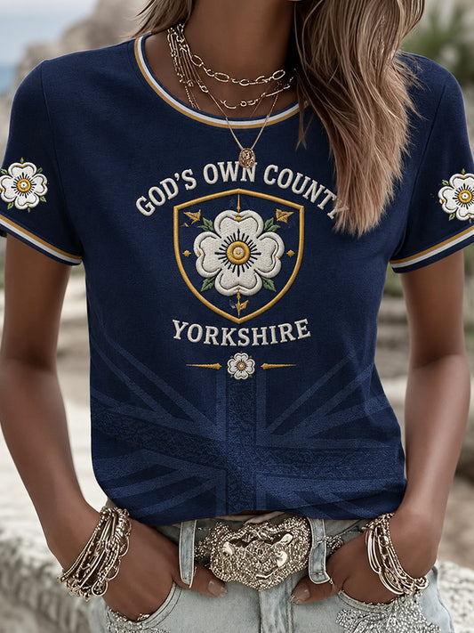 Women's England Yorkshire Day White Roses Art Printed T-shirt