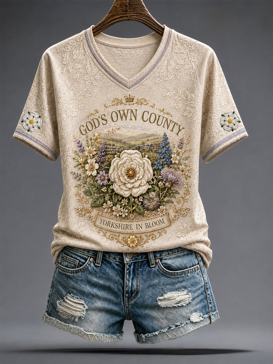Women's Yorkshire Day White Roses Art Printed T-shirt