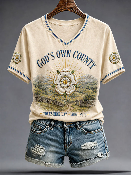 Women's England Yorkshire Day White Roses Art Printed T-shirt