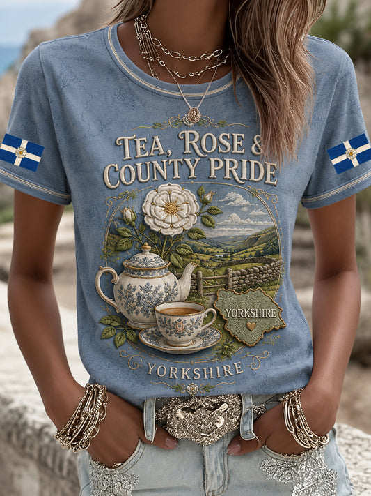 Women's England Yorkshire Day White Roses Art Printed T-shirt