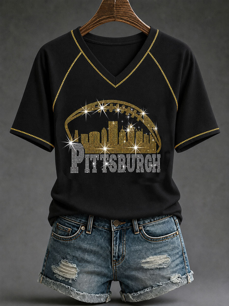 Women's Pittsburch Football V-neck off-shoulder T-shirt