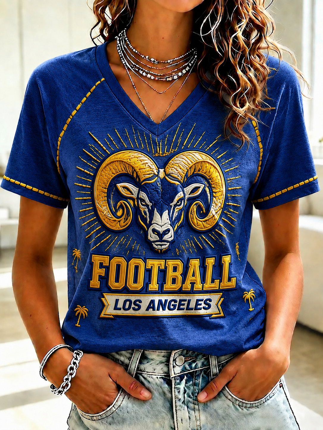 Women's Football V-neck Off-shoulder Short-sleeved T-shirt
