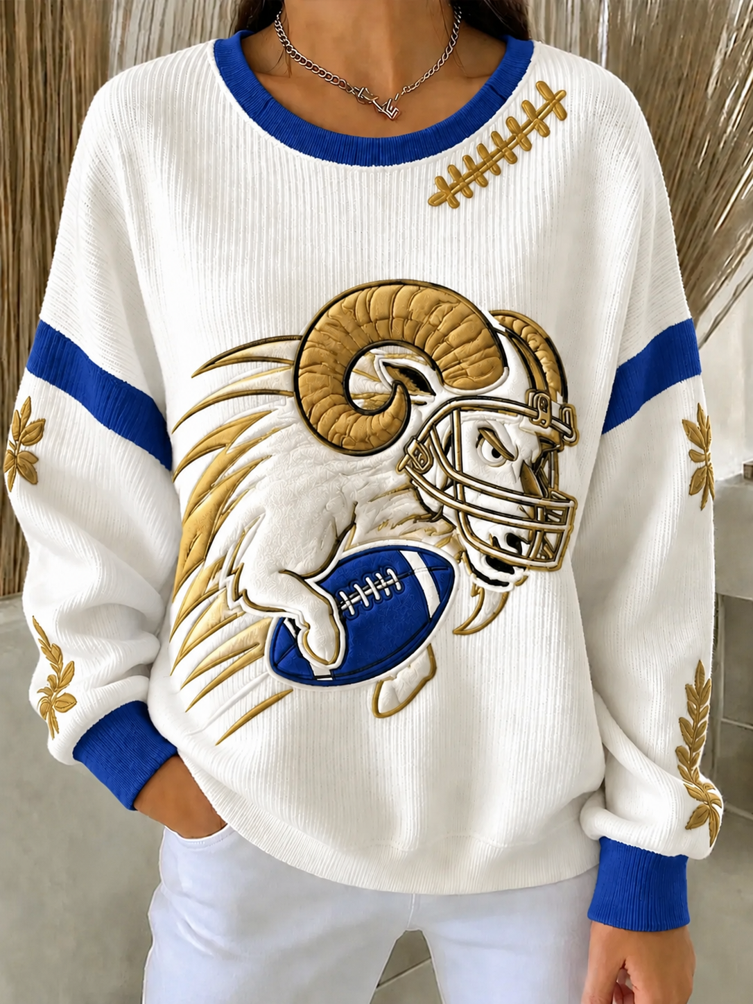 Women's Football Ribbed Round-Neck Sweatshirt
