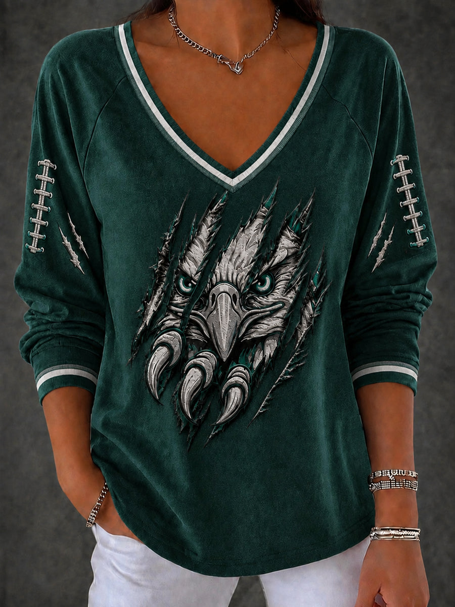 Women's Football Gameday Gift For Football Fans Printed V-Neck Long Sleeve Shirt