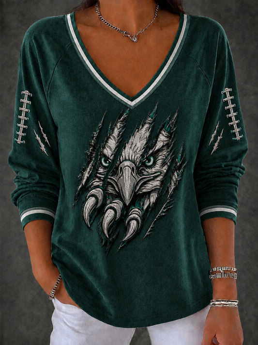 Women's Football Gameday Gift For Football Fans Printed V-Neck Long Sleeve Shirt