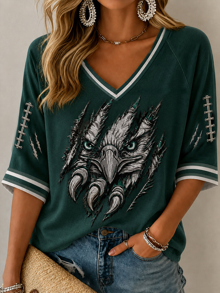 Women's Football Gameday Gift For Football Fans Mid-length Sleeves V-Neck T-Shirt