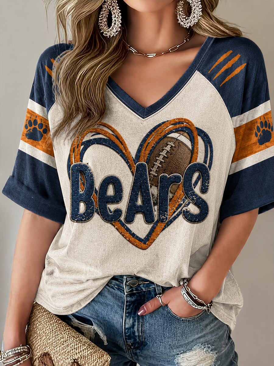 Women's Chicago Football Lover  Art Printed Mid-length Sleeves V-Neck T-Shirt