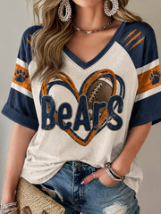 Women's Chicago Football Lover  Art Printed Mid-length Sleeves V-Neck T-Shirt