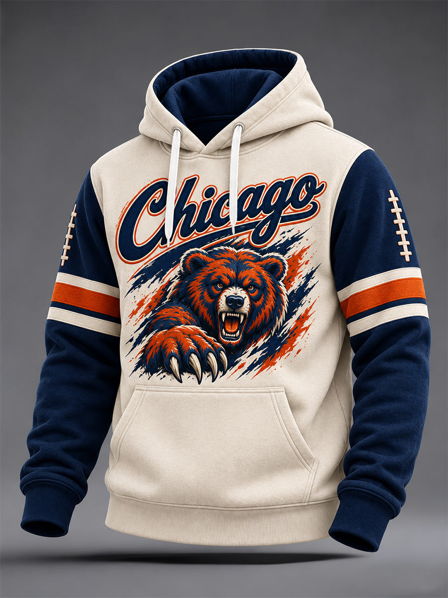 Men's Chicago Football Lover Bear Art Print Oversized Drop-Shoulder Hoodie with Pockets